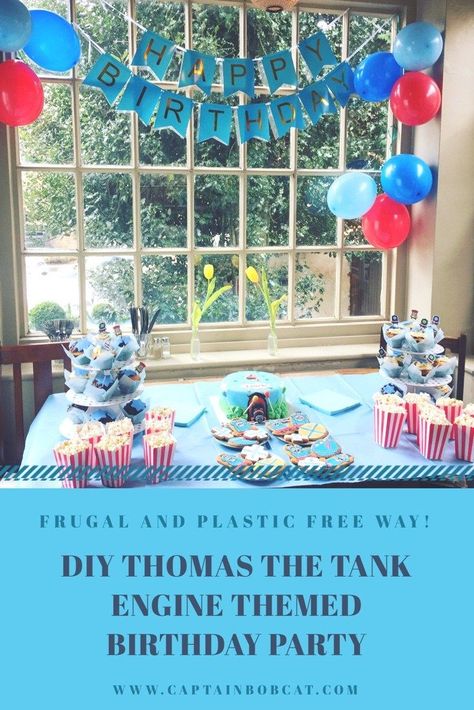 DIY Thomas The Tank Engine Birthday Party on a frugal and plastic free way! #lowcost #frugal #thomas #birthdayparty #plasticfree #diy Tank Birthday Party, Thomas The Tank Engine Party, Diy Party Photo Booth, Thomas Party, Train Theme Birthday Party, Thomas Birthday Parties, Thomas Birthday, Movie Birthday Party, Simple Birthday Party