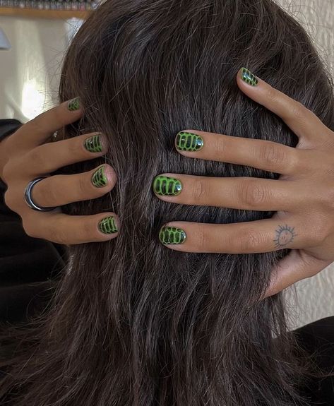 Different Hand Nails, Hippie Nails Acrylic Boho, Unique Short Nails, Cool Manicure, Croc Print Nails, Man Manicure, Green Fall Nails, Short Fall Nails, Autumn Nail Designs