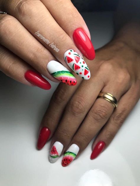 Watermelon Nail Designs, Harry Potter Nail Art, Fruit Nail Designs, Tape Nail Art, Fruit Nail Art, Watermelon Nails, Tropical Nails, Beauty Nails Design, Sweater Nails