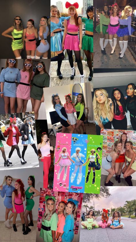 A collage of girl groups dressed as Powerpuff Girls characters Blossom, Bubbles, and Buttercup, showcasing a variety of colorful and fun costume ideas for group Halloween outfits. Halloween Costume Ideas Superhero, Halloween Costumes Girl Trio, Powerpuff Girls Costume College, Halloween Costumes Power Puff, Blossom Powerpuff Outfit, Bubbles Powerpuff Girls Costume, Blossom Powerpuff Girl Costume, Blossom Powerpuff Costume, Powder Puff Girls Costume