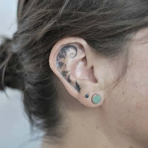 20+ Creative Ear Tattoos That Are Cooler Than Earrings Behind The Ear Tattoo Ideas Ocean, Mountain Ear Tattoo, Edgy Ear Tattoo, Octopus Ear Tattoo, Upper Ear Tattoo, Nature Ear Tattoo, Elf Ear Tattoo, Behind Your Ear Tattoos, Unique Ear Tattoos