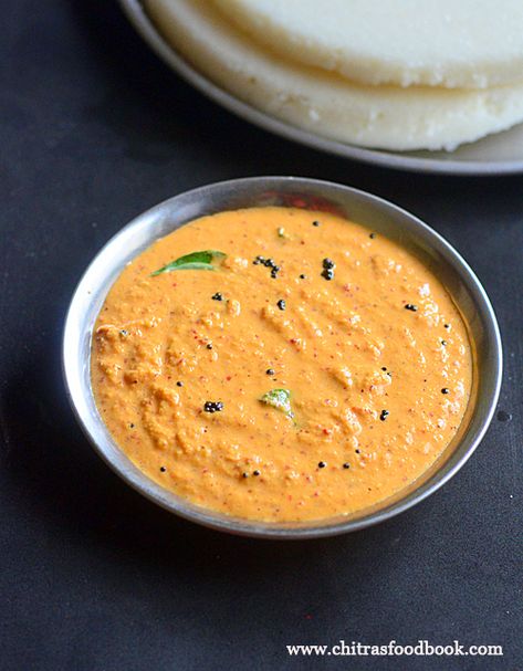 Karnataka Red Coconut Chutney Recipe For Idli, Dosa | Chitra's Food Book Indian Platter, Chutney For Idli, Chutney Varieties, Coconut Chutney Recipe, Idli Dosa, Kerala Food, Chutney Recipe, Coconut Chutney, Indian Breakfast