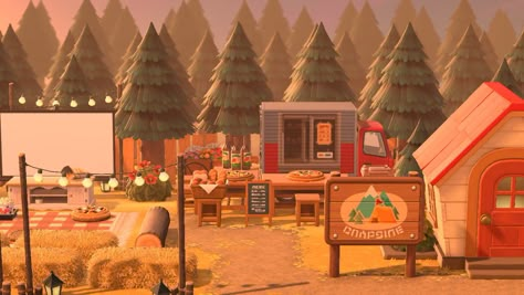 Acnh Fall Campsite, Acnh Citycore Campsite, Acnh Food Truck Design, Acnh Cinema Design, Outdoor Cinema Animal Crossing, Acnh Summer Camp Island, Acnh Outdoor Cinema, Acnh Campground, Acnh Camping Site Ideas