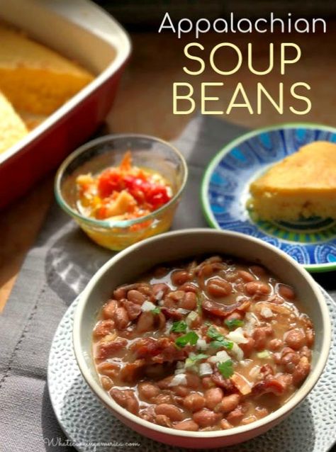 Soup beans is a term common in the Southern United States, particularly the regions around the Appalachian Mountains. Soup beans are usually served with cornbread, greens (such as boiled cabbage, cauliflower, or sauerkraut and sausage), and potatoes (stewed or fried) and may be topped with raw chopped onions or ramps (Allium tricoccum). Soup With Pinto Beans, Appalachian Home, Recipe For Soup, Appalachian Cooking, Pinto Bean Soup Recipes, Pinto Beans Recipe, Chow Chow Recipe, Appalachian Recipes, Pinto Bean Soup