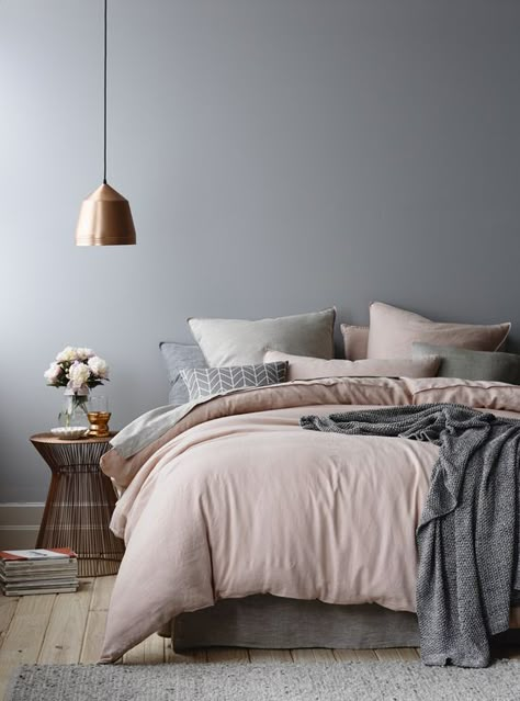 Stormy gray walls with cozy pink bedding More Design Ložnic, Decor Ikea, Dreams Beds, Nordic Interior, Dreamy Bedrooms, Bed Sets, Interior Photography, Dream Bedroom, Bedroom Inspo