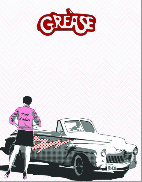 Grease Poster # 3 - More color then 2 with a very light chevron pattern in the background Grease Background, Grease Artwork, Grease Wallpapers, Grease Poster, Grease Car, Grease Characters, 80s Quotes, Grease Theme, Greased Lightning