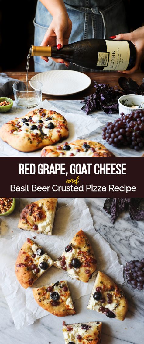 I partnered with J. Lohr Vineyards & Wines to bring you my current pizza obsession: grapes + goat cheese on pizza with heaps of fresh basil.  #pizza #pizzarecipes #pizzarecipeseasy #partyfood #dinner Grape Pizza Recipe, Goats Cheese Pizza, Grape Pizza, Basil Pizza, Goat Cheese Pizza, Red Grape, Gourmet Pizza, Pizza Recipes Easy, Perfect Pizza