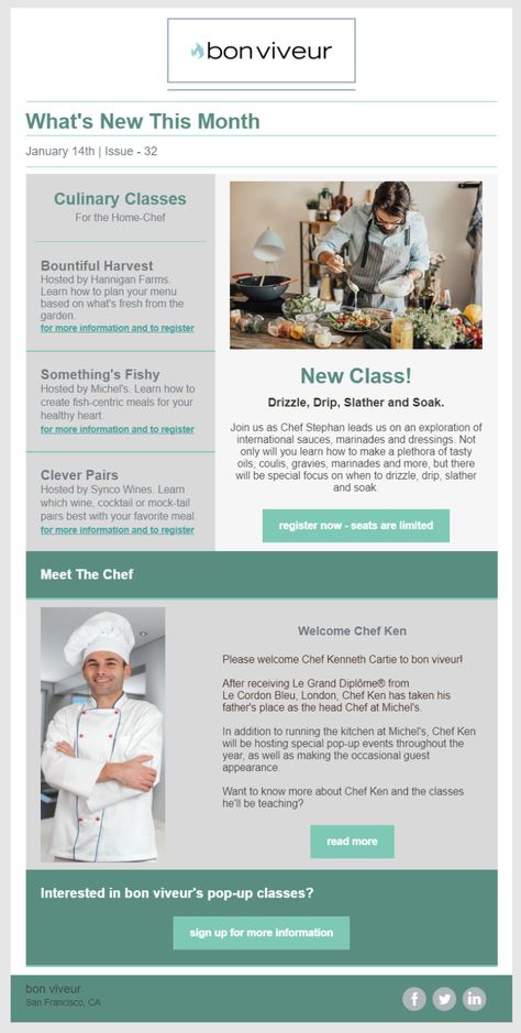 Modern Newsletter, Newsletter Sample, Newsletter Examples, Newsletter Layout, Culinary Classes, Email Marketing Automation, Build Brand, Email Template Design, Constant Contact