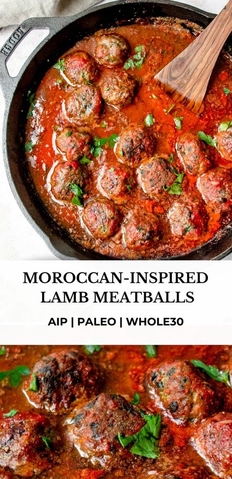 These Moroccan-inspired Lamb Meatballs are juicy and delicious spiced with fresh mint, parsley and cilantro and stewed in a rich and fragrant nomato sauce. This dish is AIP, paleo and Whole30 compliant.#aiprecipes #paleorecipes #paleo #aip #aipdiet #autoimmunepaleo #aipprotocol #autoimmunedisease #whole30 #lambmeatballs #meatballs #whole30recipes #healmedelicious ⁣⁣⁣⁣ Nomato Sauce, Lamb Burger Recipes, Aip Diet Recipes, Nightshade Free Recipes, Real Food Dinner, Spiced Lamb, Meatball Dinner, Whole30 Dinner Recipes, Paleo Main Dishes