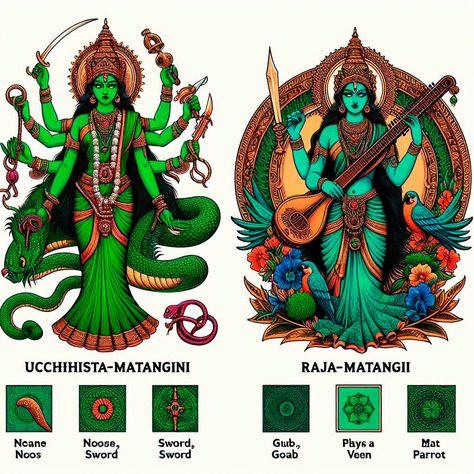 Matangi Explained: The Goddess of Wisdom, Arts, and Inner Harmony 🎶✨ Maa Matangi is one of the ten Mahavidyas, revered as the goddess of knowledge, creativity, and divine expression. Known as the Tantric Saraswati, she governs music, speech, and the arts, empowering her devotees with eloquence and mastery of creative pursuits. Her green complexion signifies renewal, balance, and harmony with nature. Matangi teaches us to embrace imperfections, find beauty in the unconventional, and channel o... Matangi Goddess, Maa Matangi, Ten Mahavidyas, Matangi Devi, Goddess Of Knowledge, Adi Shakti, Bengali Art, Embrace Imperfections, Goddess Of Wisdom