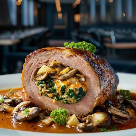 Cooking up Joy - Made with love: Mushroom, Spinach & Gruyère Stuffed Pork Tenderloi... Spinach Stuffed Pork Tenderloin, Courtney Williams, Loin Recipes, Food Thanksgiving, Pork Entrees, Mushroom Spinach, Stuffed Pork, Pork Loin Recipes, Persian Cuisine