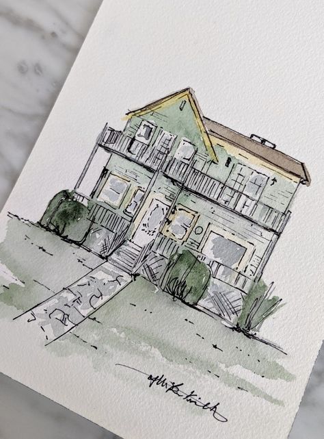 Anime Houses, Sketchbook Assignments, Watercolour And Pen, Art Supplies List, Painting House, Minimal Background, Watercolor House Portrait, Draw And Paint, Watercolor Workshop