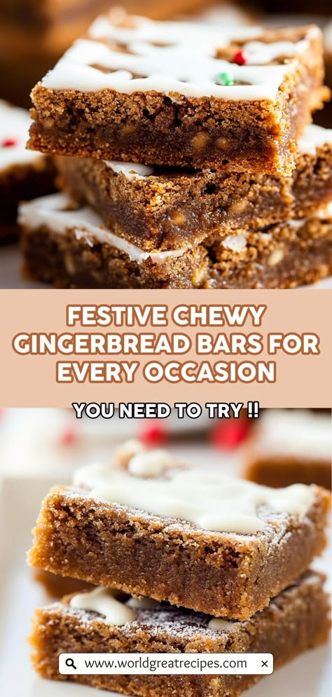 Celebrate every occasion with these festive chewy gingerbread bars! Their delightful combination of soft texture and warm spice flavors makes them an ideal dessert for holidays, birthdays, or any gathering. This recipe is simple, requiring just a few ingredients while creating a batch of mouthwatering bars that are sure to please. Gingerbread Squares Holidays, Chewy Gingerbread Bars, Gingerbread Bars Recipe, Gingerbread Jelly, Mega Cookies, Xmas Snacks, Gingerbread Bars, Holiday Finger Foods, Christmas Bars