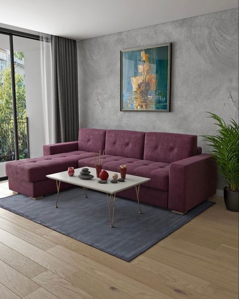 Maroon Couch Living Room, Grey Modern Living Room, Maroon Couch, Couch Cozy, Purple Minimalist, Modern Living Room Design Ideas, Modern Grey Living Room, Modern Living Room Design, Purple Sofa