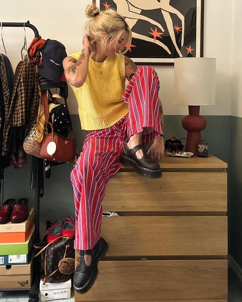 New favourite combo is red and yellow. Maybe I’m super late to this trend but it works so well with these trous. Trousers: @damsonmadder Shoes: @drmartens ✨ ausssie girl style, spring outfit, striped trousers, doc martens, Mary Janes, damson madder, summer style #docmartens #howtostyleit #jigsaw #monsoon #springstyle #londonstyle #summerstyle #ootd Fun Shoes Outfit, Yellow Doc Martens Outfit, Styling Dr Martens Mary Janes, Damson Madder Aesthetic, Docs Mary Jane Outfit, Red Yellow Outfit, Doc Martens Mary Janes Outfit, Striped Trousers Outfit, Vans Slip On Outfit