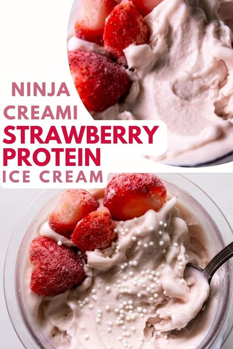 Deliciously refreshing, with just enough sweetness, you'll love this strawberry protein ice cream made in the Ninja Creami. Top it with all of your favorite toppings for a post workout snack or a healthy protein packed dessert. Ninja Creami Strawberry Protein Ice Cream, Ninja Creami Protein Ice Cream Recipe Strawberry, Ninja Strawberry Ice Cream, Paleo Ninja Creami Recipes, Strawberry Ninja Creami Recipes, Ninja Creami Strawberry Ice Cream Recipe, Ninja Creami Protein Powder Ice Cream, Ninja Protein Ice Cream, Protein Creami Recipes