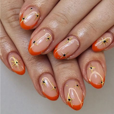 Pumpkin French 🎃 🧡✨️ • • • @the_gelbottle_inc biab 19. Marshmallow. Brandy With a touch of gold chrome accents • • • #orangenails #pumpkin… | Instagram Orange Biab Nails, Orange Chrome French Tip Nails, Nail Designs At Home, Nail Sculpture, Holiday Nail Ideas, Simple Christmas Nails, Nails Biab, Themed Nails, Hello Nails