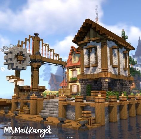 Minecraft Dock House Ideas, Mc Dock Ideas, Minecraft Fishermen House, Minecraft Medieval Dock Ideas, Minecraft Sea Port, Minecraft Boat House Ideas, Minecraft Shore House, Minecraft Sea Wall, Minecraft Docks Medieval