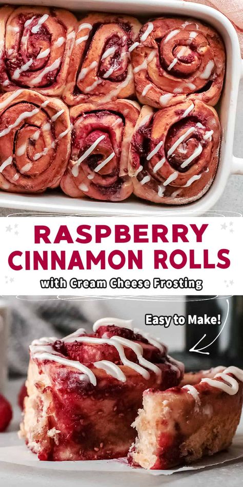 These soft and fluffy RASPBERRY CINNAMON ROLLS have a sweet roll dough filled with raspberries and topped with cream cheese glaze. These Raspberry sweet rolls are perfect for breakfast or brunch. Raspberry Cinnamon Rolls, Sweet Roll Dough, Raspberry Sweet Rolls, Roll Dough Recipe, Cream Cheese Frosting Easy, Fluffy Cinnamon Rolls, Sweet Roll Recipe, Breakfast Board, Breakfast Recipes Sweet