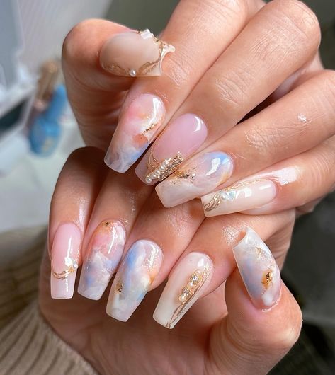 💕 Pastel Skies ☁️ Intricate Janet’s Omakase with Medium Coffin Gel-X #nailinspo #nailart #naildesign #coffinnails #gelxnails #gelxinspo #gelxnails #nuancenails #暈染美甲 #cloudnailsart #marblenails #glamnails Milky Marble Nails, Milky White Marble Nails, Panama Florida, Marble Nails With Gold, Pastel Skies, Nailinspo Nailart, Nails With Gold, Neon Acrylic Nails, Medium Coffin