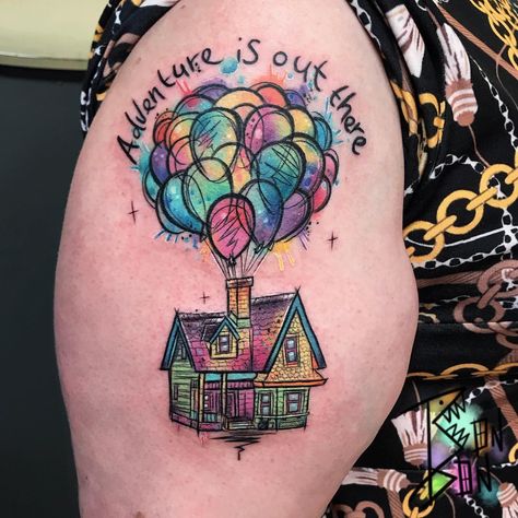 UP House 🌈🎈thanks Claire! #bonbonbizarre #houseofwolves #houseofwolvestattoo #uphouse #disney #disneytattoo Up House Drawing, Disney Sleeve Tattoos, Balloon Tattoo, Up Movie, Movie Tattoo, Marvel Tattoos, Up Tattoo, Home Tattoo, Cartoon Tattoos