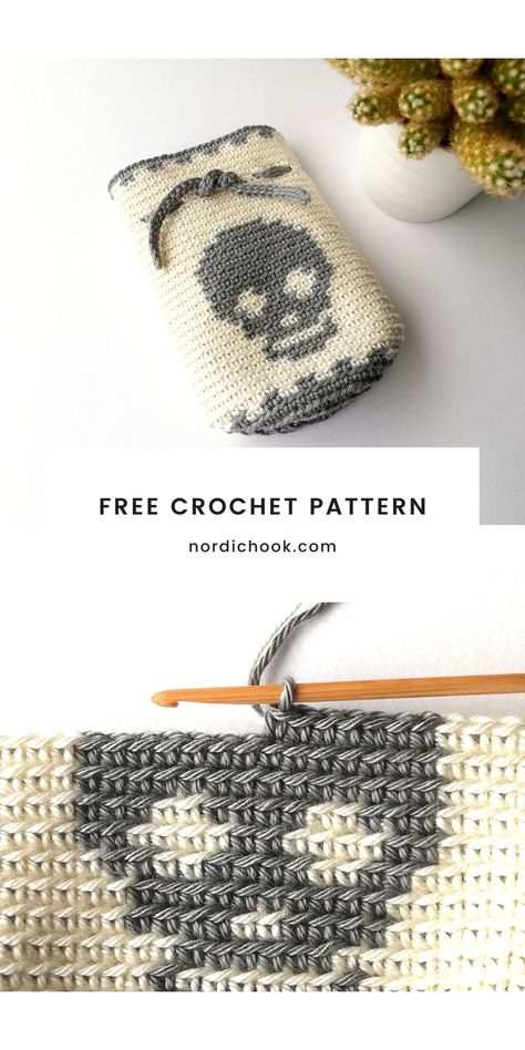 Skull Crochet, Crochet Skull Patterns, Crochet Drawstring Bag, Crochet Drawstring, Crochet Skull, Halloween Crochet Patterns, Tapestry Crochet Patterns, Crochet Shawls And Wraps, Crochet Design Pattern