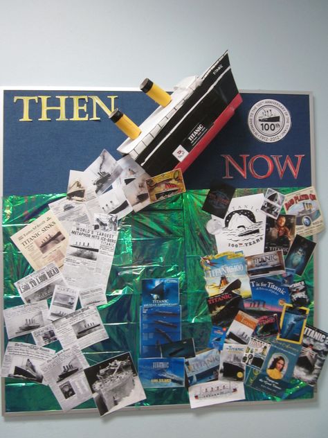 Titanic Bulletin Board. This would be a great idea for a visual for my students. They would be able to make connections to books we have read, material we have covered, and any other prior knowledge that they had of the Titanic! History Fair Boards, Titanic Project, Titanic Art, Transport Art, Presentation Ideas For School, Primary School Art, Steam Challenges, Ocean Projects, Titanic History