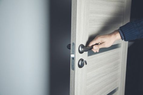 Young man opening room door Premium Phot... | Premium Photo #Freepik #photo #business #people #hand #man Man Opening Door, White Wooden Doors, White Interior Doors, Door Handle With Lock, Digital Door Lock, Revolving Door, Gold Door, Hotel Door, Yellow Room