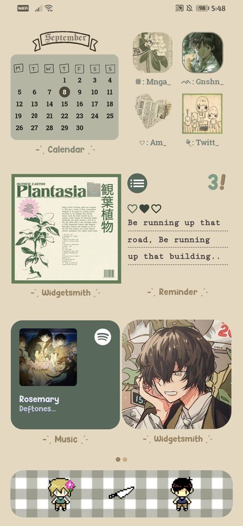 sage green and brown beige ios 14 homescreen omori theme dazai Iphone Customization Ideas Anime, Apps Organization Iphone, Anime Iphone Layout, Phone Themes Iphone, Iphone Organization Homescreen, Samsung Homescreen Layout Ideas, Home Screen Layout, Desktop Themes, Iphone Home Screen