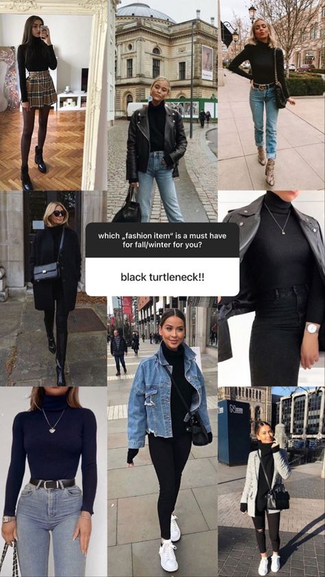 Black turtleneck styling mood board Spring Turtleneck Outfit, Black Turtleneck Bodysuit Outfit, Styling Black Turtleneck, How To Style Black Turtleneck, Black Turtleneck Outfit Winter, Turtle Neck Outfit Winter, Black Bodysuit Outfit Winter, Outfits With Black Turtleneck, Style Black Turtleneck