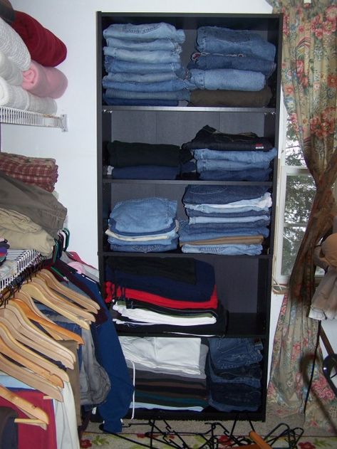 Shelf for jeans. Jeans Storage Ideas Organizing, Jean Storage In Closet, Shelf Dividers Diy, Jean Organization, Folding Jeans, Shelf Dividers, Closet Shelves, Closet Space, Walk In Closet