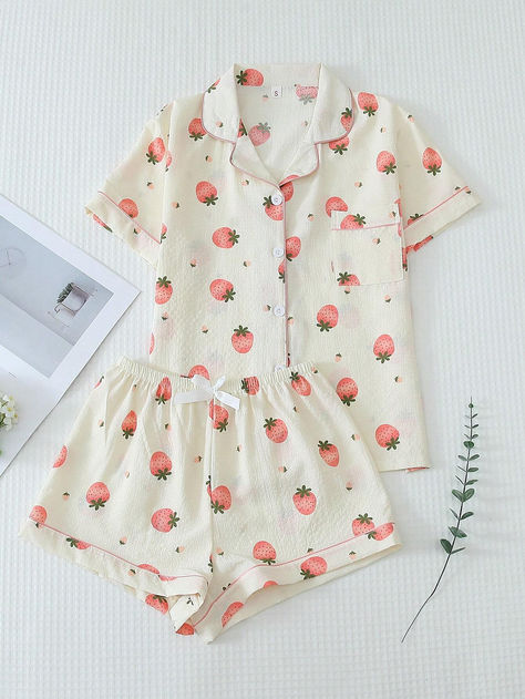 2pcs Women's Strawberry Printed Summer Pajama Set, Short Sleeve Button-Down Top And Shorts, Summer Casual Homewear Strawberry Pjs, Strawberry Pyjamas, Cute Pajama Outfits, Cute Outfits With Shorts, Sleepwear Women Pajamas, Summer Pajama Set, Sewing Collars, Cute Pajama Sets, Summer Pajamas