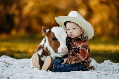 1 Year Cow Pictures, Country 1 Year Pictures, 1st Rodeo Pictures, Calf Photoshoot With Kids, One Year Old Western Photoshoot, Baby Cow Photoshoot, First Birthday Farm Photoshoot, Cow Minis Photoshoot, Cow Photoshoot Picture Ideas