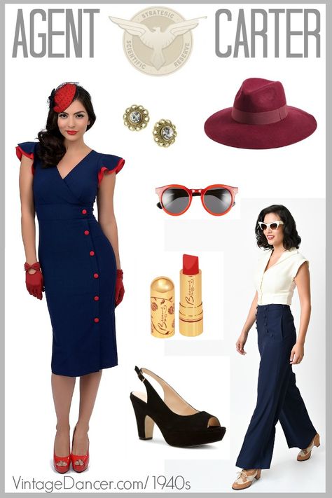 Shop for 1940s style Agent Carter costumes and clothing: dresses, suits, blouse, hat, shoes and accessories. Armageddon Outfits, Vintage Halloween Costume Ideas, Agent Carter Costume, Peggy Carter Costume, Casablanca Party, Agent Peggy Carter, Marvel Inspired Outfits, 1940s Costume, 1940 Dress