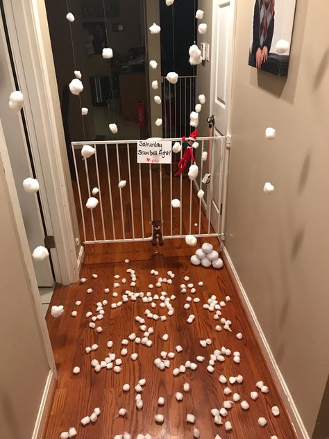 Elf on the Shelf: only easy way to attach cotton balls to fishing line is hot glue. They’ll fall apart if you try to string them 😡 Elf On The Shelf Ideas Cotton Balls, Elf Cotton Balls, Elf On The Shelf Cotton Balls, Floating Balloons, Elf Activities, Elf Fun, Santa's Elves, Cotton Ball, Our Girl