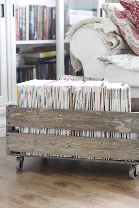 Little Details to Make Your Guest Room More Inviting with Happily Ever After, Etc. Blanket Storage Living Room, Koti Diy, Magazine Storage, Vinyl Storage, Blanket Storage, Magazine Holders, Wood Crates, Smart Storage, Wooden Crates