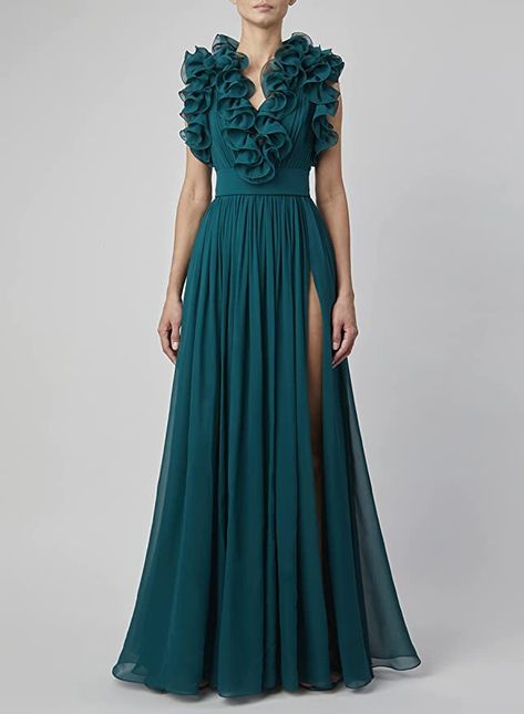 #commissionsearned #gown #dress #green #fashion Teal Silk Dress, Teal Chiffon Dress, Western Frocks, Fashion Designer Dress, Teal Outfits, Modest Evening Dress, Silk Long Dress, Rent Dresses, Ready To Wear Fashion