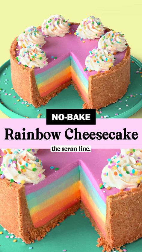 Rainbow Cheesecake Recipe, Non Bake Cheesecake, The Scran Line, Scran Line, Rainbow Cheesecake, Rainbow Baking, Cheesecake Decoration, Cheesecake With Whipped Cream, Birthday Cheesecake