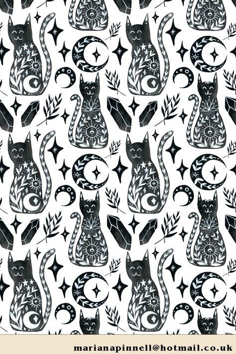 Black And White Folk Art, Folk Art Cats Paintings, Clay Branding, Moon Folk Art, Witchy Pattern, Folk Art Patterns, Folk Art Cat, Faery Art, Stamp Print