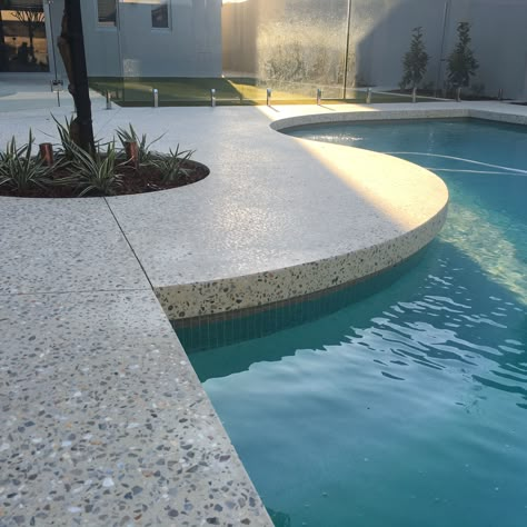 Concrete Pool Surround, Pool Area Landscaping, Landscape Design Pool, Large Concrete Pavers, Stamped Concrete Pool, Pool Surround, Decorative Concrete Floors, Pool Surrounds, Kidney Shaped Pool