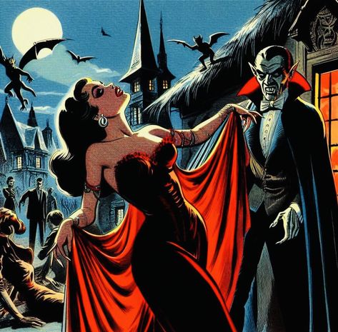 60s Vampire, Universal Monsters Art, Romantic Horror, Halloween Pin Up, Vintage Halloween Art, Vampire Love, Gothic Fantasy Art, Famous Monsters, Halloween Artwork