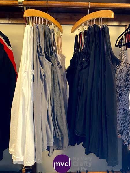 Easy Access Tank Tops - My Very Crafty Life Tank Top Organization, Hanging Tank Tops, Maximizing Closet Space, Tank Top Storage, Tank Top Hanger, Closet Nook, Maximize Closet Space, Laundry Sorting, Pants Rack