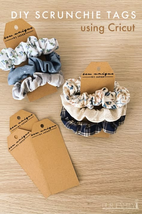 DIY scrunchie tags using Cricut. Start with a label image in Cricut Design Space that can be easily stretched and manipulated to hold a set of about three scrunchies to create your DIY scrunchie tags using a Cricut. #ad #cricutcreated #cricutmade Cricut Scrunchie Tag, Scrunchies Size Chart, Scrunchie Designs, Scrunchie Tags, Scrunchie Tag Template Free, Scrunchies Diy, Diy Hair Scrunchies, Handmade Scrunchie, Packaging Ideas Business