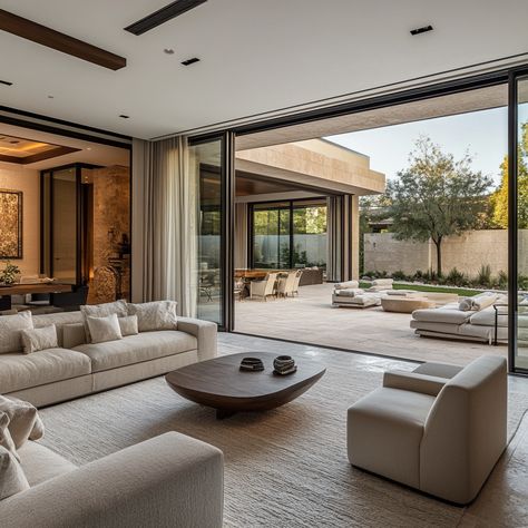 A spacious modern living room with retractable glass doors that open to an outdoor lounge area, shared by 'Hack My Home: Luxury Design Styles.' Open Living Room To Backyard, Large Sliding Glass Doors Living Rooms, Indoor Lounge Area Ideas, Large Lounge Room Ideas, Arhaus Inspiration, Arhaus Living Room Inspiration, Guest Living Room, Hack My Home, Outdoor Indoor Living