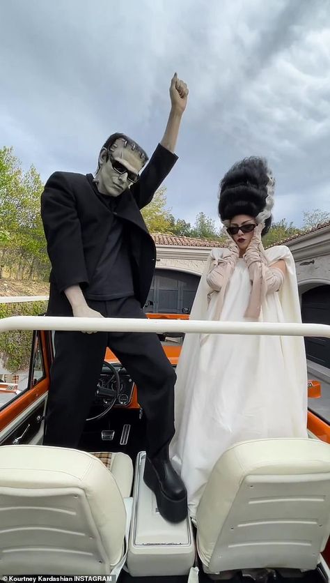 Frankenstein And Wife Costume, Frankenstein Wife, Movie Couples Costumes, Scary Couples Costumes, Frankenstein Halloween Costumes, Frankenstein And His Bride, Bride Of Frankenstein Halloween, Bride Of Frankenstein Costume, Kourtney Kardashian Barker