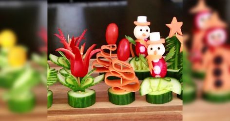 Woman shows the easiest way to add a touch of festivity to holiday appetizers Fruit Salad Decoration, Salad Decoration Ideas, Salad Presentation, Hasselback Sweet Potatoes, Slow Cooker Bread, Party Decoration Ideas, Watermelon Decor, Yummy Sweet Potatoes, Amazing Food Decoration