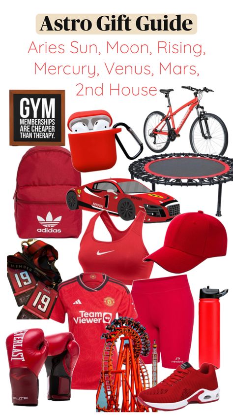 Gift guide for Aries placements. Red sporty items. Aries Sun, House Gym, Sun Moon Rising, Moon Rising, Gym Membership, Gift Guides, Sun Moon, Mars, Gift Guide