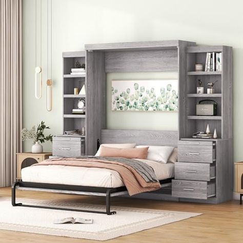 Guest Room Organization, Murphy Bed With Storage, Murphy Bed Frame, Full Murphy Bed, Modern Style Bed, Full Size Murphy Bed, Bed Shelves, Bed Storage Drawers, Brown Bedroom