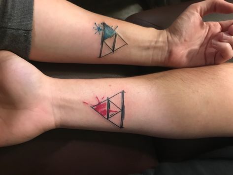 Legend Of Zelda Couple Tattoo, Legend Of Zelda Matching Tattoo, Zelda Couple Tattoo, Matching Zelda Tattoos, Zelda Matching Tattoos, Legends Of Zelda Tattoo, Triplet Tattoos, Tri Force Tattoo, Zelda Triforce Tattoo