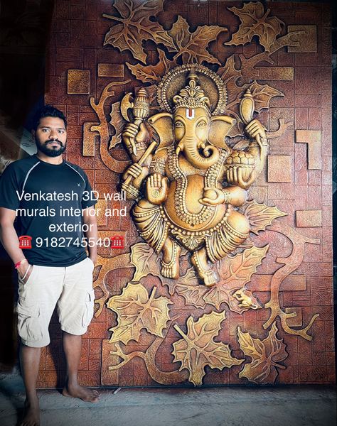 ☎️ 9182745540 ☎️ 3d Ganesha Wall Art, Foyer Design With Ganesha, Mural Ganesha, 3d Wall Art Sculpture, 3d Relief Art, Mural Art Design, Front Wall Design, Temple Design For Home, Buddha Wall Art